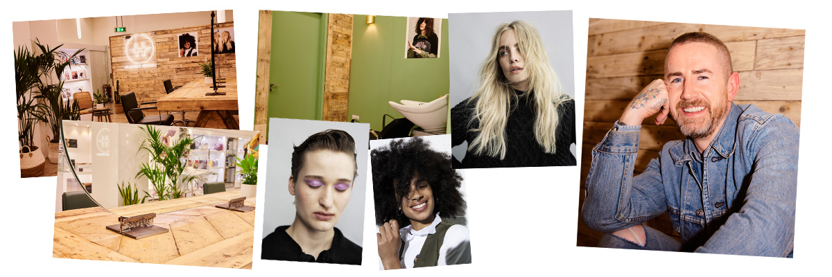 A collage of hairdresser Gareth Bromell's hair work, headshot and salon interior photos