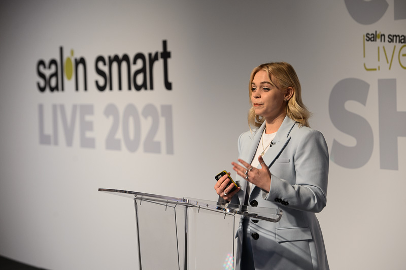 Harriet Stokes, owner of Humankind Hair, on stage at Creative HEAD Magazine's Salon Smart Live 2021